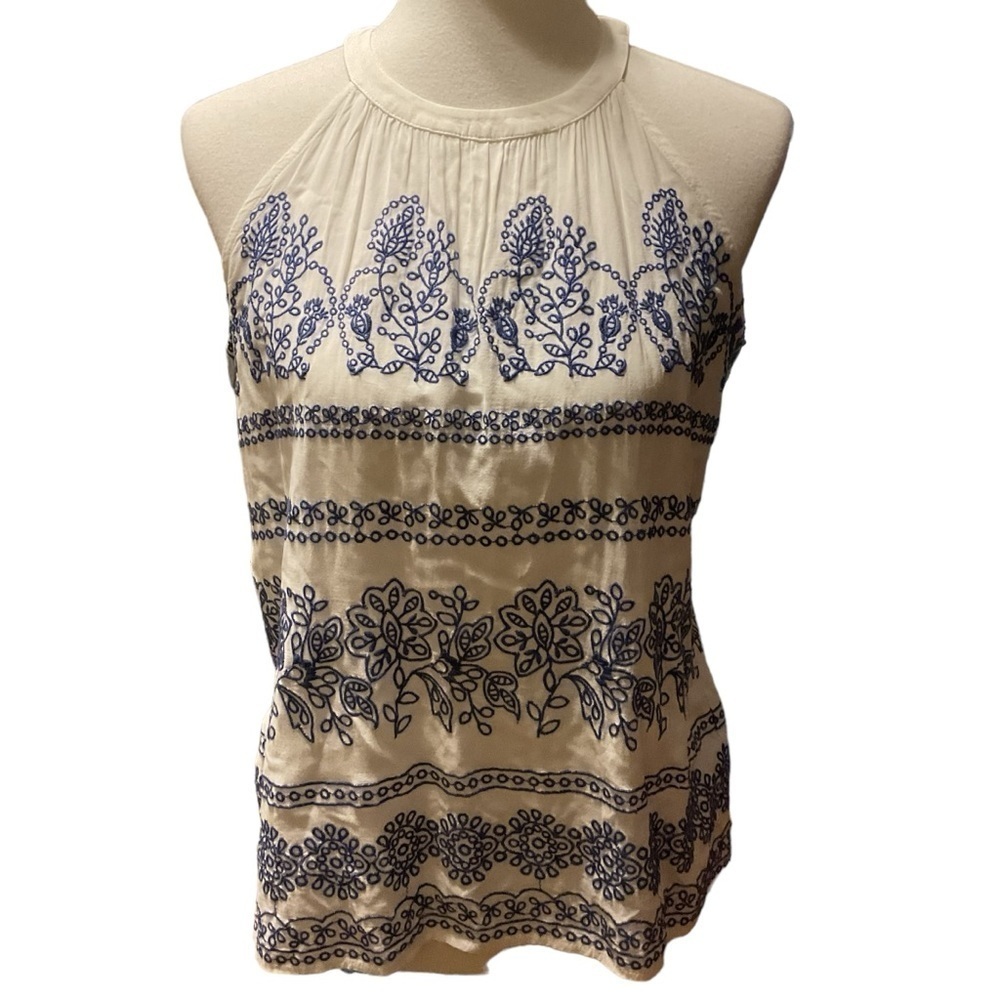 Loft Embroidered Sleeveless Blue White Halter Top Size XS